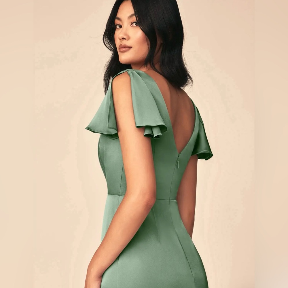 NWT Azazie Soren sz 8 stretch satin matcha green bridesmaid dress flutter sleeve